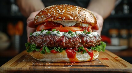 Wall Mural -   A close-up of a hamburger on a cutting board, with someone holding it in the background