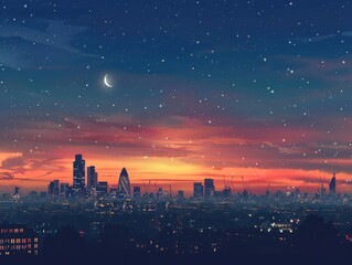 Wall Mural - a city skyline is lit up at night with a full moon in the sky