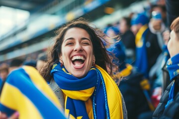 Cheerleader girl in a big stadium in blue yellow clothes cheering for her favorite team in the sport of football soccer basketball volleyball hockey