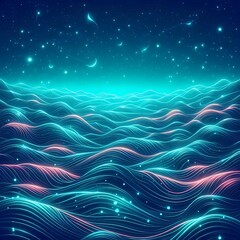 Wall Mural - night neon sea waves view, generative ai