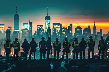 Wall Mural - a group of men in safety vests stand on a rooftop overlooking a city