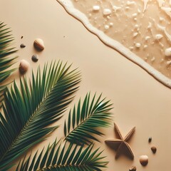 Wall Mural - background ocean sand beach with palm tree leaves, generative ai