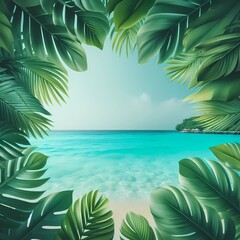 Wall Mural - tropical island view with palm trees background, generative ai