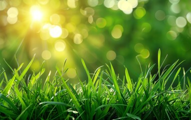 Wall Mural - A field of green grass with the sun shining on it. The sun is casting a warm glow on the grass, making it look vibrant and lively. The scene is peaceful and serene