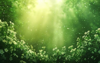 Wall Mural - A lush green field with a bright sun shining down on it. The field is filled with flowers and the sun is casting a warm glow on the scene