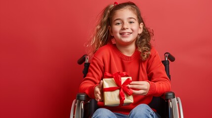 Wall Mural - A happy child in a wheelchair holds a large gift in his hands and smiles