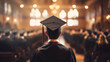 © Positive Click - A young man wearing a graduation cap and gown during a ceremony at a university, with a blurry background of people in the hall with soft lighting. Conceptual photo for education or student achievemen