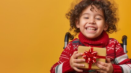 Wall Mural - A happy child in a wheelchair holds a large gift in his hands and smiles