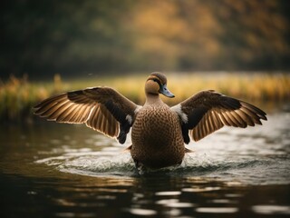 A Gadwall duck drake flapping its wings