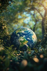Canvas Print - a small blue and green planet is sitting in a forest