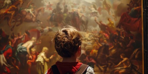 Canvas Print - A young boy is looking at a painting of a battle