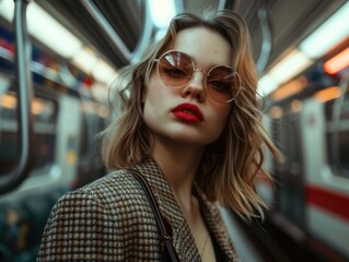 Wall Mural - A woman wearing sunglasses and a red lipstick is posing for a photo in a subway