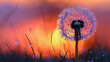   A dandelion in a sea of green grass as the sun descends behind the horizon