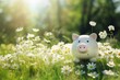 Piggy bank in a green summer meadow with flowers, concept of eco-friendly business, copy space