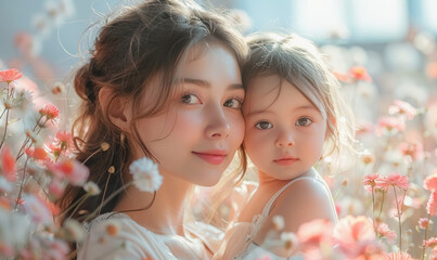 Wall Mural - A woman and a child are standing in a field of flowers. The woman is holding the child and they both look happy. Scene is joyful and peaceful