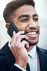 Poster - Businessman, phone call and conversation outdoor with talking for networking, consultation and commercial law career. Male employee, attorney and speaking on mobile for discussion and contact in city