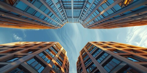 Wall Mural - A view of two tall buildings with a blue sky in the background