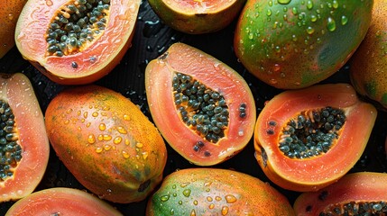   A close-up photo of fresh fruit with droplets of water inside and outside