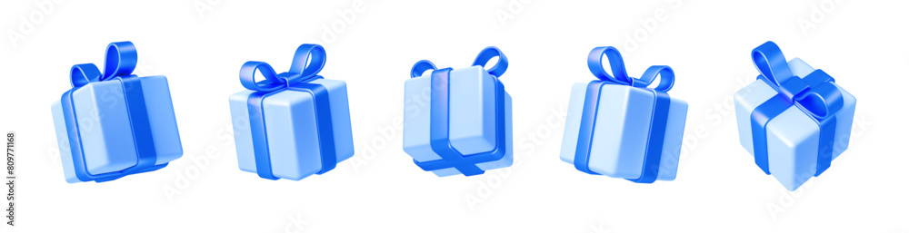 Set of realistic 3d render gift boxes. Light blue gift box with blue ...