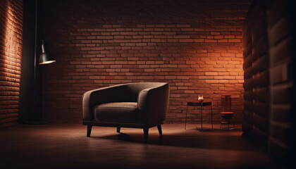 Wall Mural - dimly lit cozy room wall of brick cremites and single modern fabric armchair
