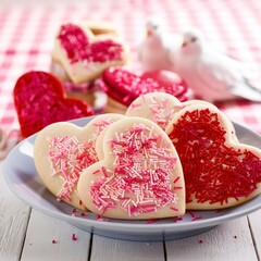 Valentines day heart shaped cookies with pink sprinkles