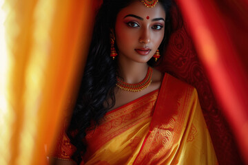 Wall Mural - young beautiful indian woman in red saree.