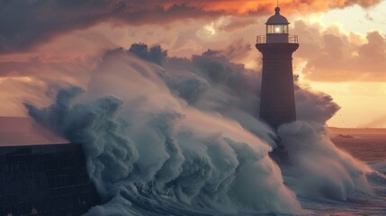 Poster - A lighthouse is in the middle of a huge wave