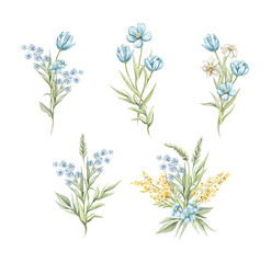  Set with vintage various bouquets of blue flowers isolated on white background. Watercolor hand drawn illustration sketch
