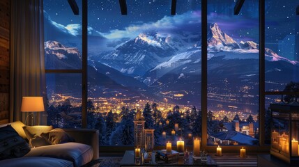 Wall Mural - evening view of the mountains from the window