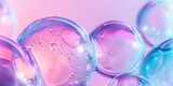 Fototapeta Przestrzenne - soap bubbles on a pastel background, red pink abstract oil bubbles or face serum background. pink Oil and water bubbles molecule ,pink Bubbles oil or collagen serum for cosmetic product, banner poster