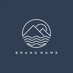 Wall Mural - logo minimalist mountain ocean and sun line art vector