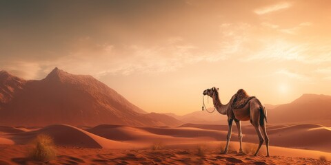 Wall Mural - Camel in the desert at sunset.