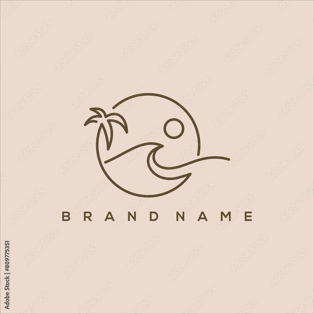 minimalist logo of sun beach waves and palm circles line art vector ...