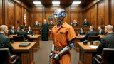 Fototapeta  - AI robot prisoner in orange jumpsuit, handcuffed, surrounded by lawyers and a judge, representing theme of robots and AI regulation.