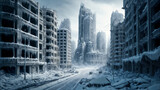 Fototapeta  - Post-apocalyptic ruins of modern city during nuclear winter, depicting skyscrapers covered in snow and ice, creating chilling desolate scene.