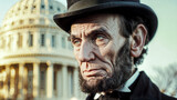 Fototapeta  - Portrait of Abraham Lincoln, 16th President of United States, with his typical hat, Capitol building in background.