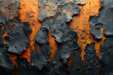 Poster - A close-up of a surface showing a striking contrast with vivid orange against a dark black texture, depicting decay