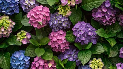 Wall Mural - Vibrant Hydrangea Blooms Offering a Burst of Colorful Serenity, Perfect for Calm Backgrounds or Nature Themes. AI