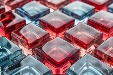 Poster - An artistic and sharp image of red and blue glass cubes pattern, showcasing depth, light, and geometric design