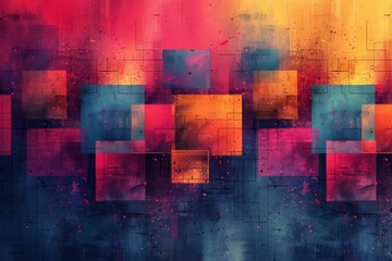Fototapete - Radiant squares with an overlay of glowing paint splashes merge art and technology in this eye-catching digital composition
