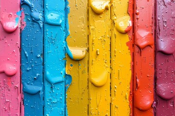 Poster - A bright and colorful abstract image showcasing rainbow-colored paint dripping down a vertical surface
