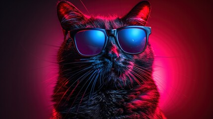 Sticker -   Cat in sunglasses on pink-red background with black cat in the background