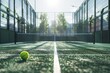 © AI Dev Studio - Close-up shot of a bright yellow tennis ball on the green floor of a newly installed paddle tennis court