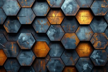 Poster - Blue and gold hexagonal metallic patterns with a worn touch gives this an industrial futuristic vibe