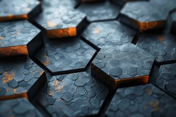 closeup of a textured hexagonal pattern with a metallic sheen and hints of orange rust, giving a fee