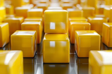 Poster - An array of glossy yellow 3D cubes organized neatly on a reflective surface, creating a sense of order and uniformity