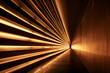 Illuminated golden light trails in a perspective tunnel with a vanishing point