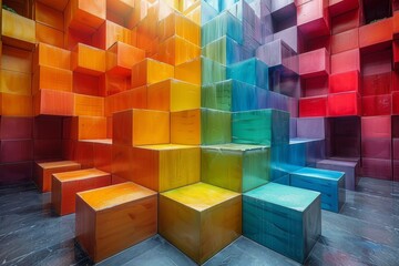 Poster - An array of colorful cubic blocks creating a visually captivating geometric pattern in a modern artistic presentation