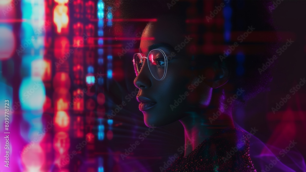Black woman cyber security expert. With AI code illusminated overlay ...