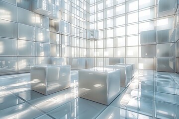 Poster - The image portrays a modern, digitally generated ambiance with multiple white cubes under a bright artificial light